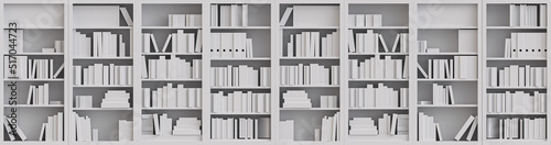 Different size and monochrome books on white bookshelf. Studying, education, and e-learning concepts. Education day, success concept. 3d Rendering illustration.
