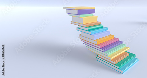 Stairs ladder of colorful books on white background. Studying, education, and e-learning concepts. Education day, Success concept. 3d Rendering illustration.