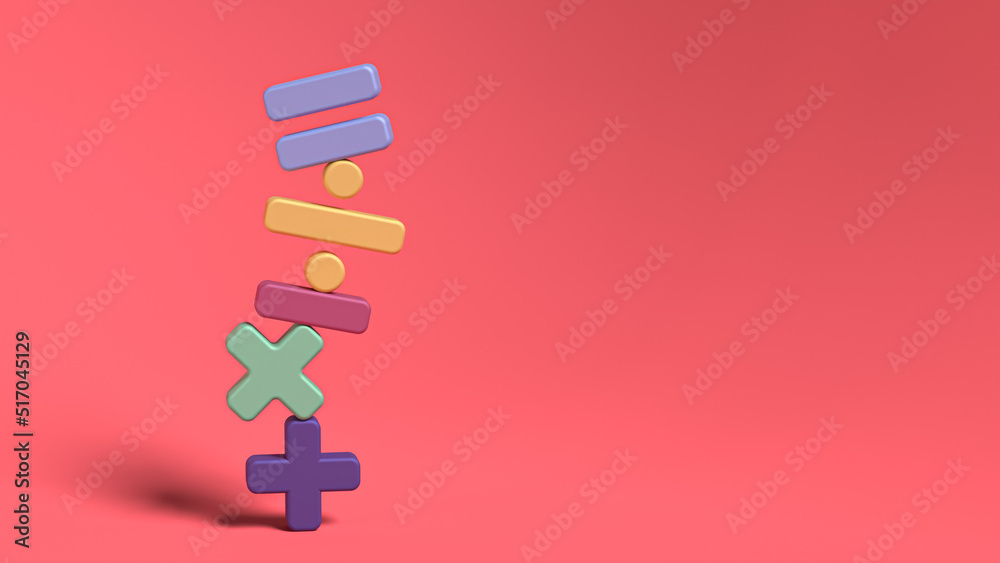 Sign of addition, subtraction, multiplication and division. On pink background. Different colorful signs. Education or school concept. 3d rendering illustration. Sign of addition, subtraction, multiplication and division. On pink background. Different colorful signs. Education or school concept. 3d rendering illustration.