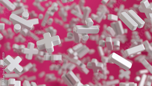 Sign of addition, subtraction, multiplication and division. On pink background. White colored signs. Education or school concept. 3d rendering illustration.