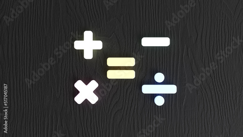 Sign of addition, subtraction, multiplication and division. On black wooden background. Different colorful signs. Education or school concept. 3d rendering illustration.