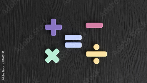 Sign of addition, subtraction, multiplication and division. On black wooden background. Different colorful signs. Education or school concept. 3d rendering illustration.