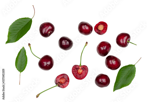 Sweet cherry fruits isolated on a white background, top view