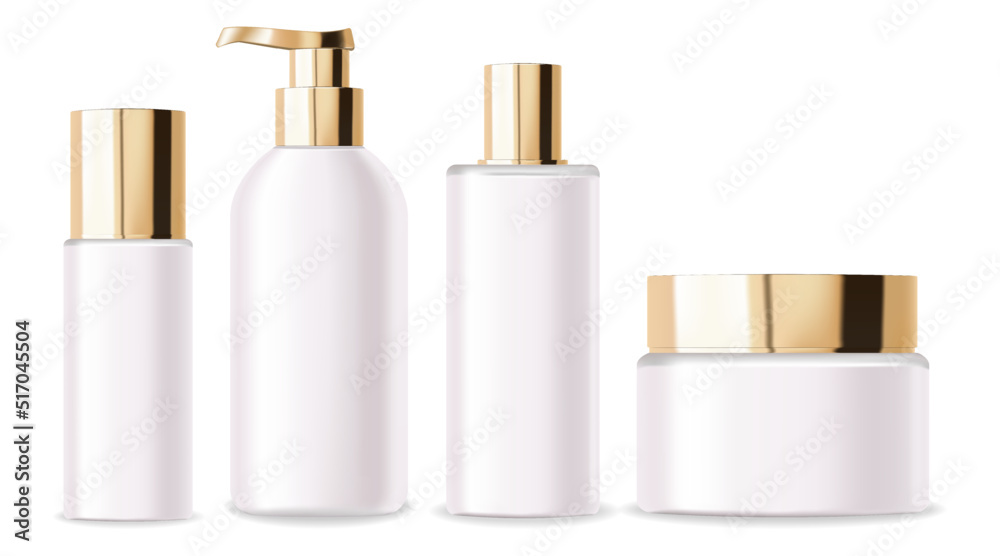 Cosmetic white bottles. Realistic gold packaging for serum, cream, shampoo, tonic, conditioner. Vector cosmeticc mockup isolated on white background