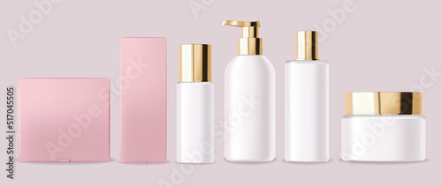 Cosmetic white bottles. Realistic gold packaging for serum, cream, shampoo, tonic, conditioner. Vector cosmeticc mockup isolated on white background
