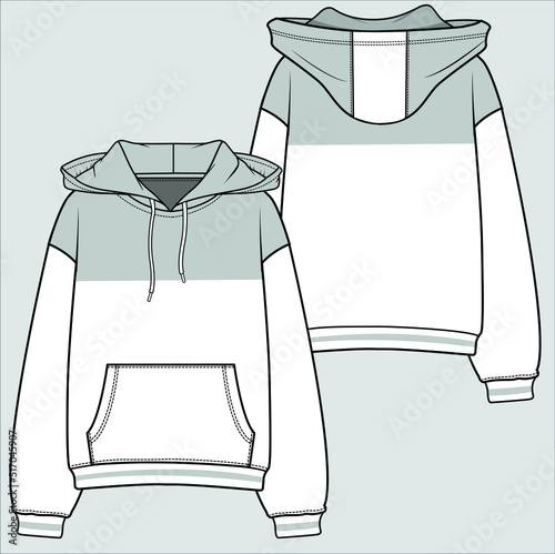 CUT AND SEW PANEL HOODED SWEAT TOP WITH KANGAROO POCKET FOR WOMEN AND TEEN GIRLS IN EDITABLE VECTOR FILE