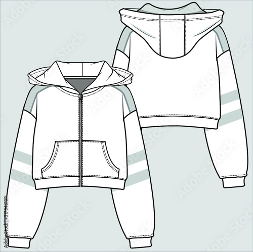 STRIPED SLEEVES DROP SHOUPLDER KANGAROO POCKET CROPED HOODIE FOR WOMEN AND TEEN GIRLS IN EDITABLE VECTOR FILE