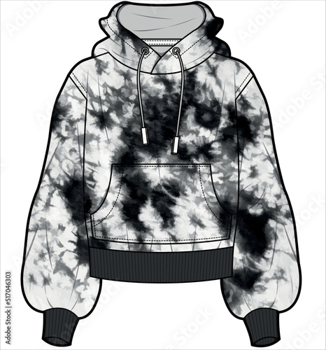 TIE DYE HOODED SWEAT TOP WITH RIB FOR UNISEX IN EDITABLE VECTOR FILE