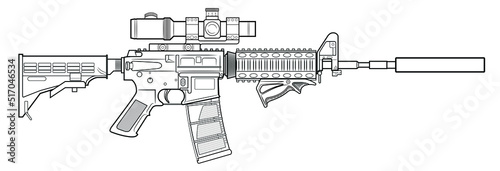 Vector drawing of an popular M4 assault rifle with adjustable stock, optical sight, silencer and the triangle front grip on a white background.