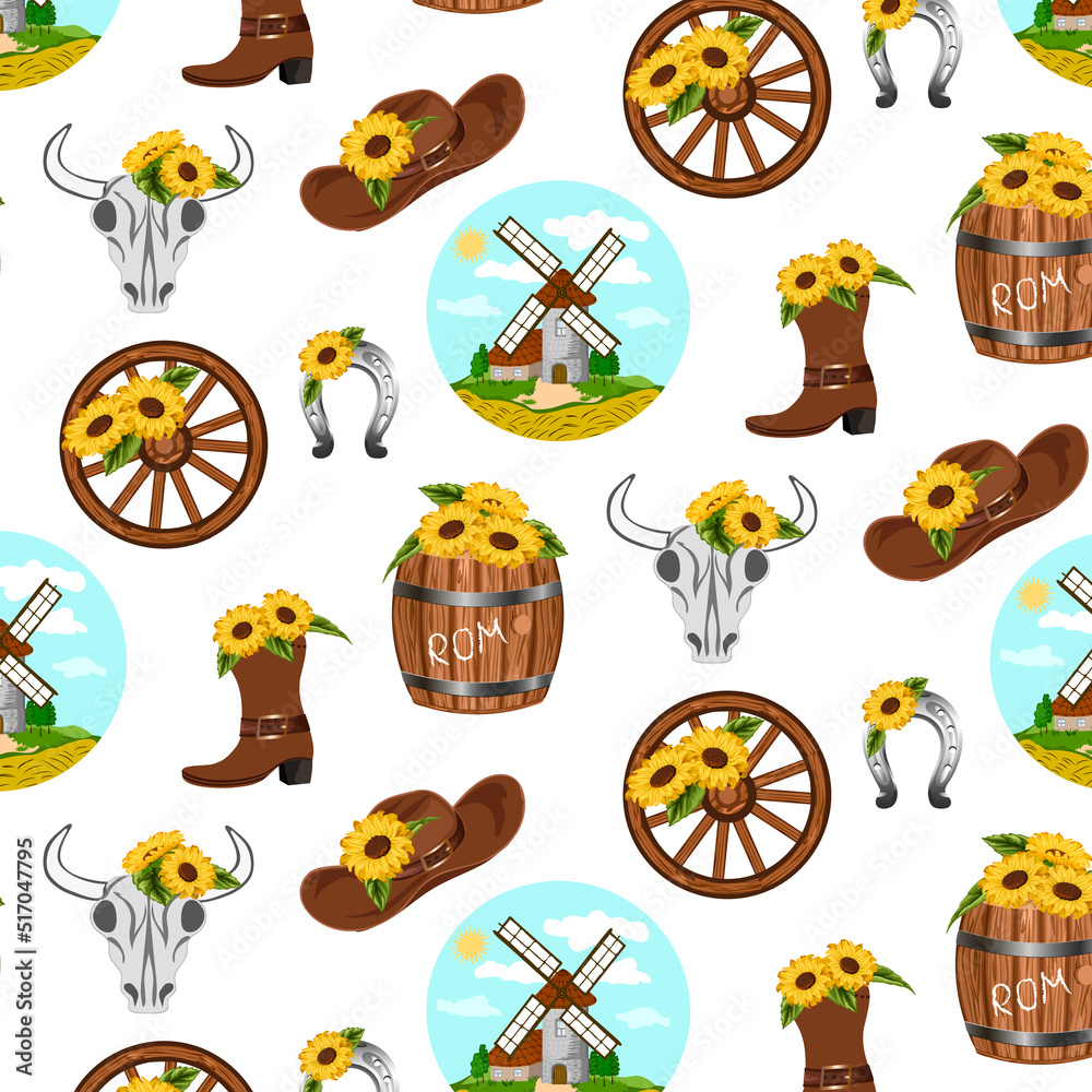 Elements of cowboy decor with sunflowers. Hat, boots, horseshoe and ...