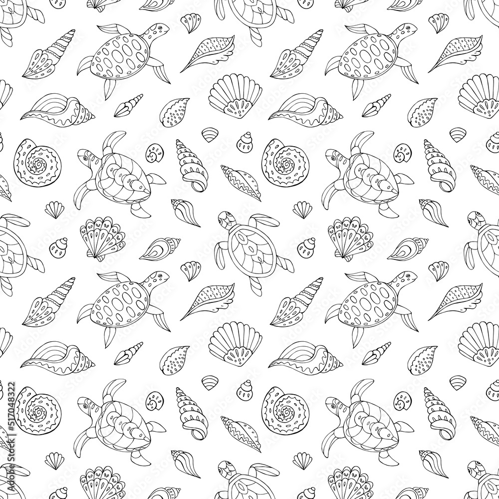 Seamless vector pattern with sketch of turtles and sea shells. Sea seamless vector pattern. Decoration print for wrapping, wallpaper, fabric.	