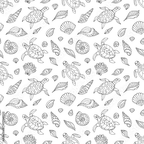 Seamless vector pattern with sketch of turtles and sea shells. Sea seamless vector pattern. Decoration print for wrapping, wallpaper, fabric. 