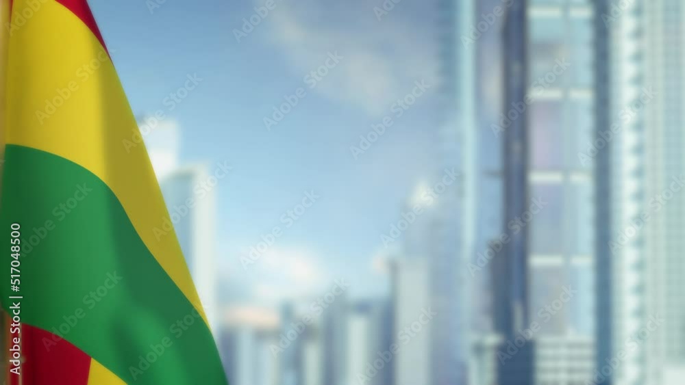 hanging Bolivia flag on city background with blue sky