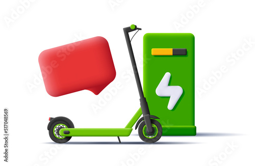 green electric scooter on charging charging with message bubble, green 3d illustration. Vector illustration