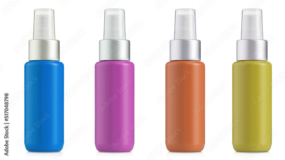 Cosmetic bottle mockup set with 
sprayer on white background.