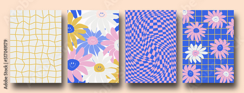 Vector set of Groovy hippie 70s backgrounds. Checkerboard, chessboard, mesh, waves patterns. Twisted and distorted vector texture in trendy retro psychedelic style. Y2k aesthetic.