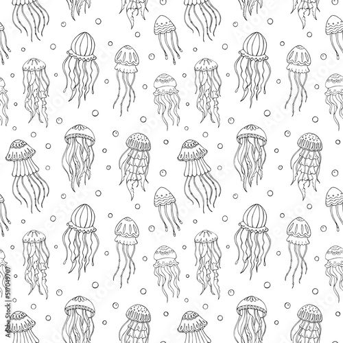 Seamless vector pattern with sketch of jellyfish. Sea seamless vector pattern. Decoration print for wrapping, wallpaper, fabric. 