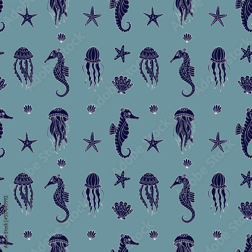 Seamless vector pattern with sketch of seahorses, jellyfish, sea stars and sea shells. Sea seamless vector pattern. Decoration print for wrapping, wallpaper, fabric.