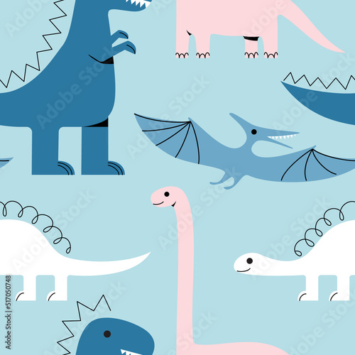 Seamless pattern with cute funny dino