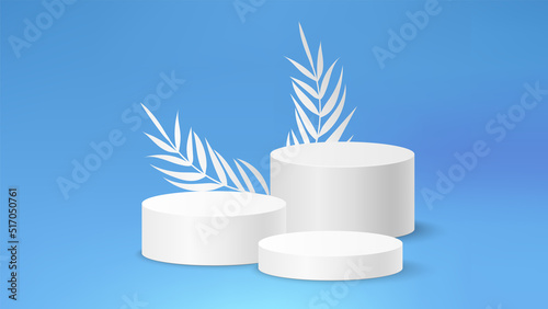 White and blue 3d background product display podium scene with leaf geometric platform. Stand to show cosmetic product. Realistic paper leaves stage showcase on pedestal display pastel backdrop.