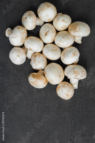 Fresh champignon mushrooms isolated on dark background