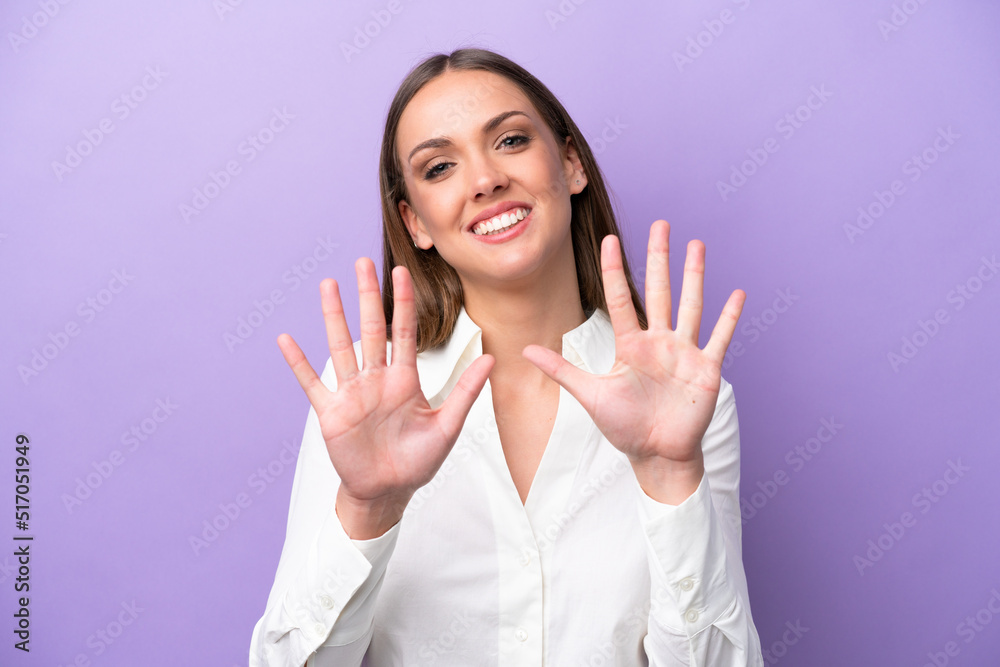 Young caucasian woman isolated on purple background counting ten with fingers Young caucasian woman isolated on purple background counting ten with fingers