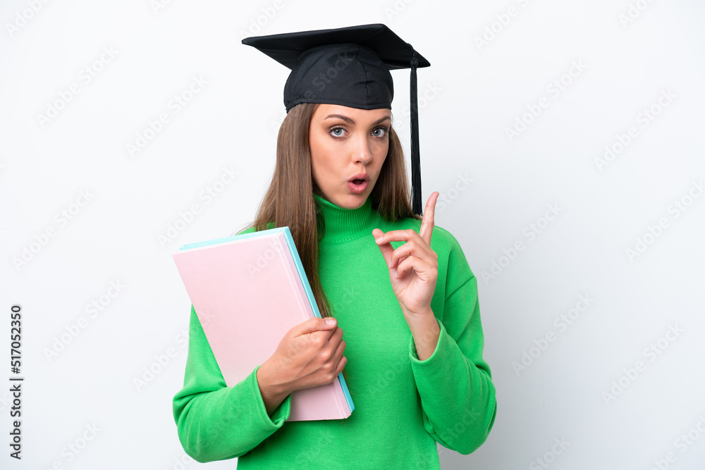 Young student caucasian woman isolated on white background intending to realizes the solution while lifting a finger up Young student caucasian woman isolated on white background intending to realizes the solution while lifting a finger up