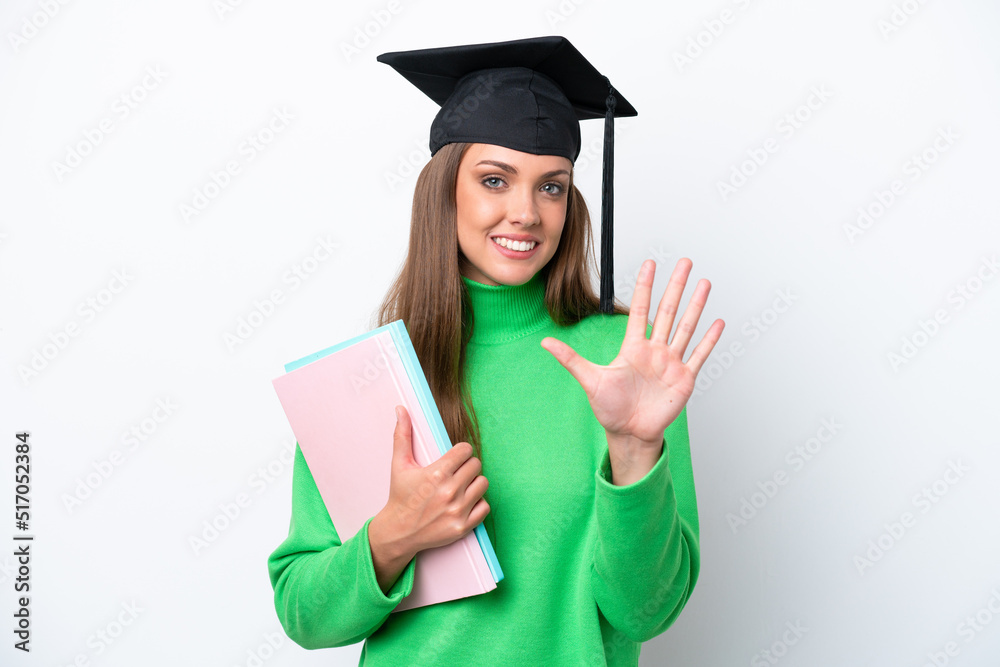Young student caucasian woman isolated on white background counting five with fingers Young student caucasian woman isolated on white background counting five with fingers