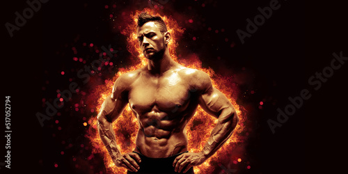 Brutal strong athletic Bodybuilder posing. Fire and spark explosion in the background.