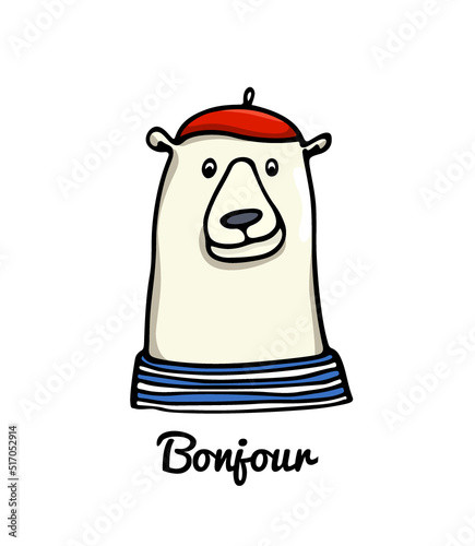 Vector card with hand drawn cute polar bear in Parisian outfit. Perfect design elements, animal illustration, ink drawing. Logo template