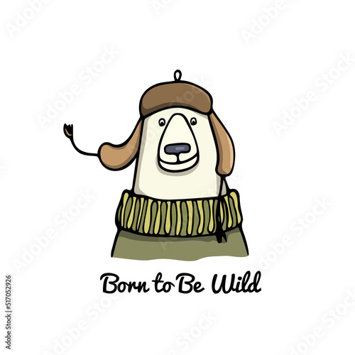 Vector card with hand drawn cute polar bear in ear-flapped hat and a sweater. Perfect design elements, animal illustration, ink drawing.