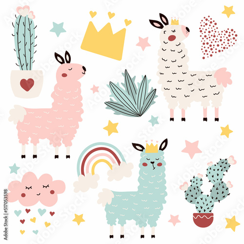A set of cute fluffy llamas with cacti and hearts. An alpaca princess in a crown. Vector illustration for packaging, clothing and stationery.
