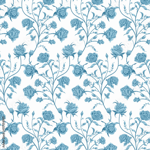 Seamless Vector Pattern with Light Blue Roses on White Background