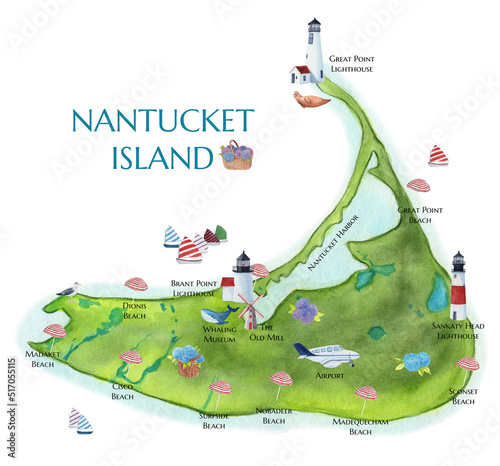 Nantucket Island map. Watercolor illustration. Massachusetts. Perferect to souvenir products, posters, cards