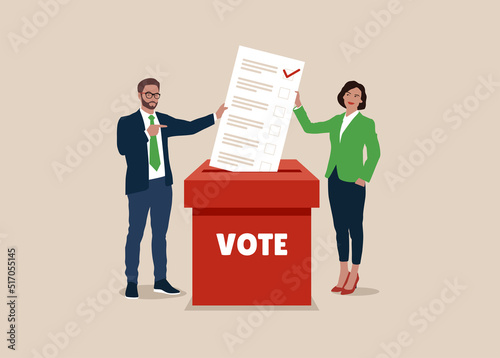 Man and woman putting paper ballots to election box. Voters casting ballots at the polling place. Vector flat illustration.