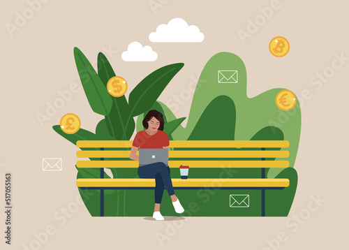 Woman working with laptop in the park. Illustration for freelancing, remote work, business. Freelance work page template.  Vector illustration in flat style