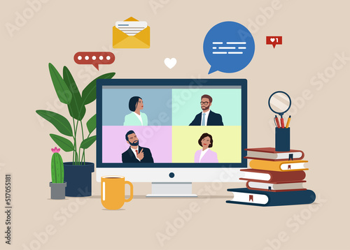 Online meeting via group call. Computer with group of people doing video conference.