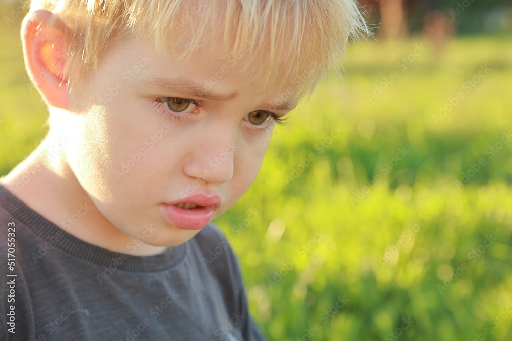 A sad 4-year-old little blond toddler boy in light blue t-shirt is alone in sunny autumn meadow. A sad 4-year-old little blond toddler boy in light blue t-shirt is alone in sunny autumn meadow.