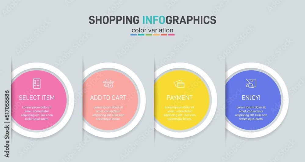 Concept of shopping process with 4 successive steps. Four colorful graphic elements. Timeline design for brochure, presentation, web site. Infographic design layout. Concept of shopping process with 4 successive steps. Four colorful graphic elements. Timeline design for brochure, presentation, web site. Infographic design layout.