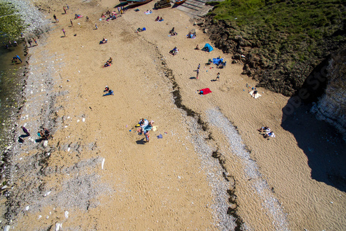 Aerial view of Flamborough North Landing, High Cliffs and sandy Beach, Flamborough, Yorkshire. England