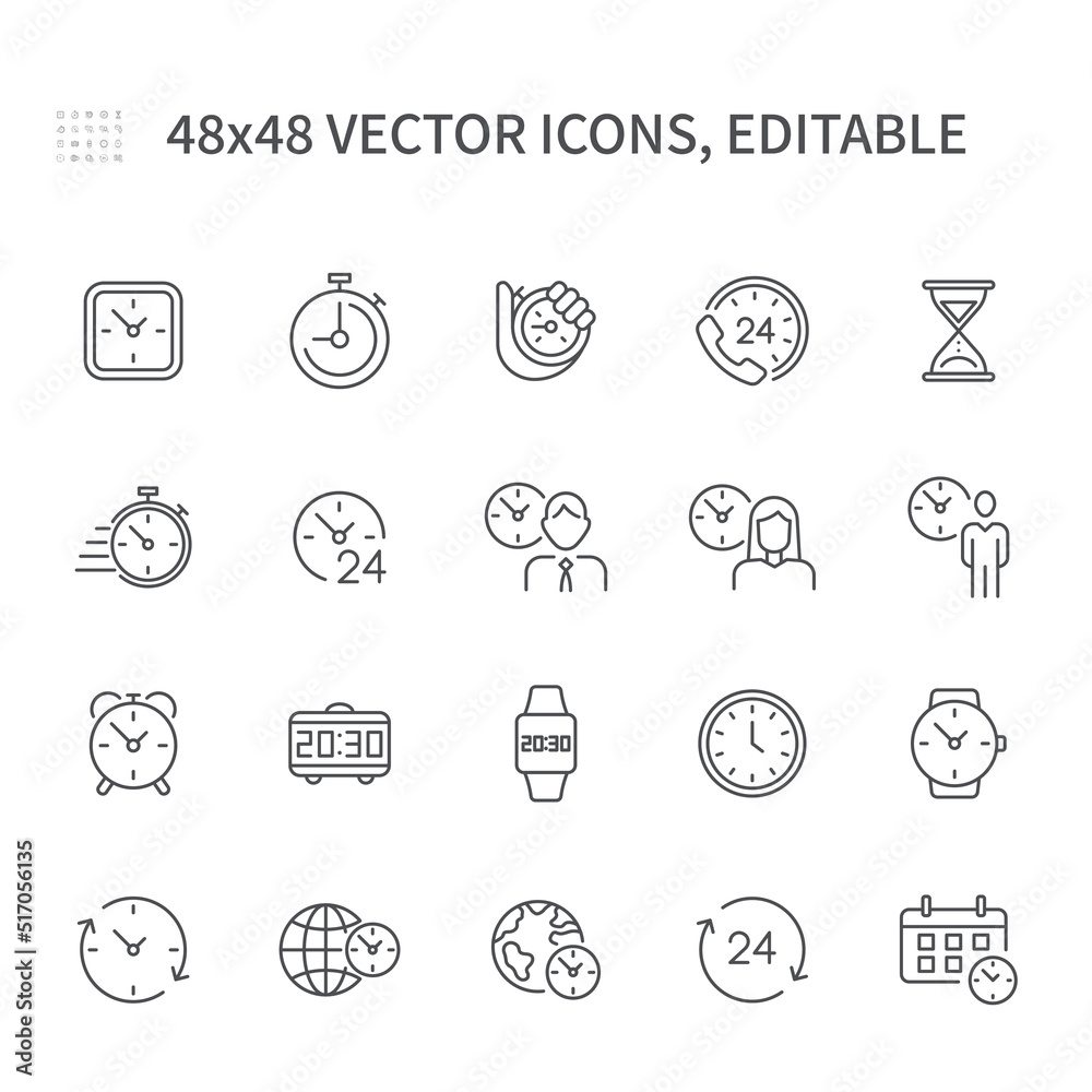 Icons on the theme of the line of time and clock. Timer, alarm clock and smart watch. Time management, 24 hour clock, alarm clock icons. Hourglass, calendar and digital smart watch, and more.