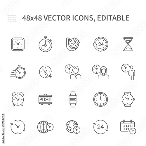 Icons on the theme of the line of time and clock. Timer, alarm clock and smart watch. Time management, 24 hour clock, alarm clock icons. Hourglass, calendar and digital smart watch, and more.