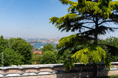 View of Istanbul from Topkapi Palace, with some trees in front, and on a sunny day.