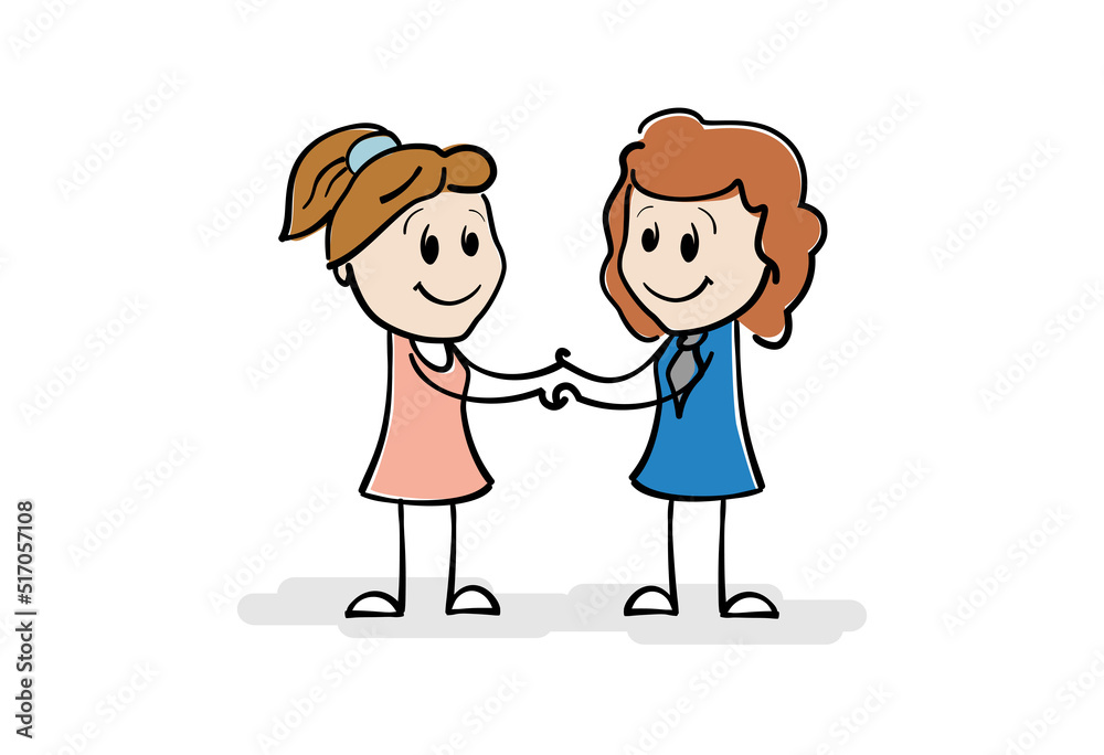 Two smiling women holding each other hands. Cartoon stick figure drawing of women shaking hands or doing handshake. Business cooperation, agreement. Concept of friendship, love, support between women. Two smiling women holding each other hands. Cartoon stick figure drawing of women shaking hands or doing handshake. Business cooperation, agreement. Concept of friendship, love, support between women.