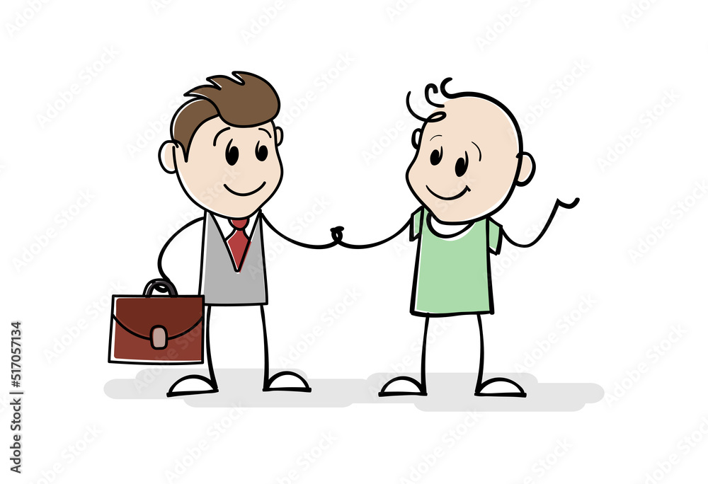 Cartoon stick figure drawing conceptual illustration of smiling two businessmen holding each other hands. Men shaking hands or doing handshake. Concept of friendship, love and support between men. Cartoon stick figure drawing conceptual illustration of smiling two businessmen holding each other hands. Men shaking hands or doing handshake. Concept of friendship, love and support between men.