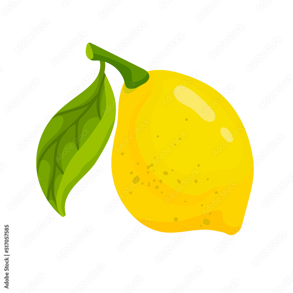 Ripe lemon with leaves. Cartoon vector graphics.