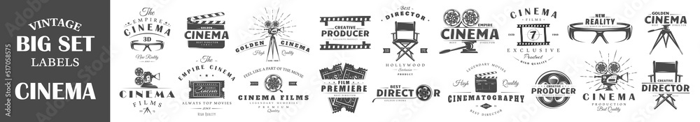 Set of vintage cinema labels. Posters, stamps, banners and design elements. Vector illustration - obrazy, fototapety, plakaty 