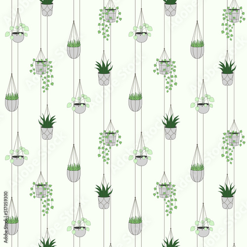 House plants in hanging pots seamless pattern