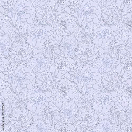 Pastel vintage seamless pattern with flowers. Soft blue endless wallpaper, background, texture, textile with floral print. Roses silhouettes in single continuous style. Hand drawn botanic ornament 