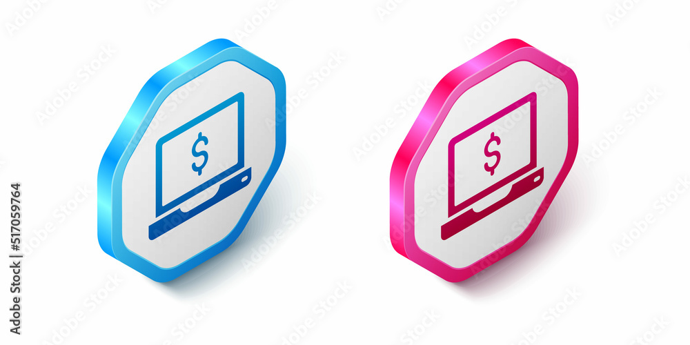 Isometric Laptop with dollar icon isolated on white background. Sending money around the world, money transfer, online banking, financial transaction. Hexagon button. Vector Isometric Laptop with dollar icon isolated on white background. Sending money around the world, money transfer, online banking, financial transaction. Hexagon button. Vector